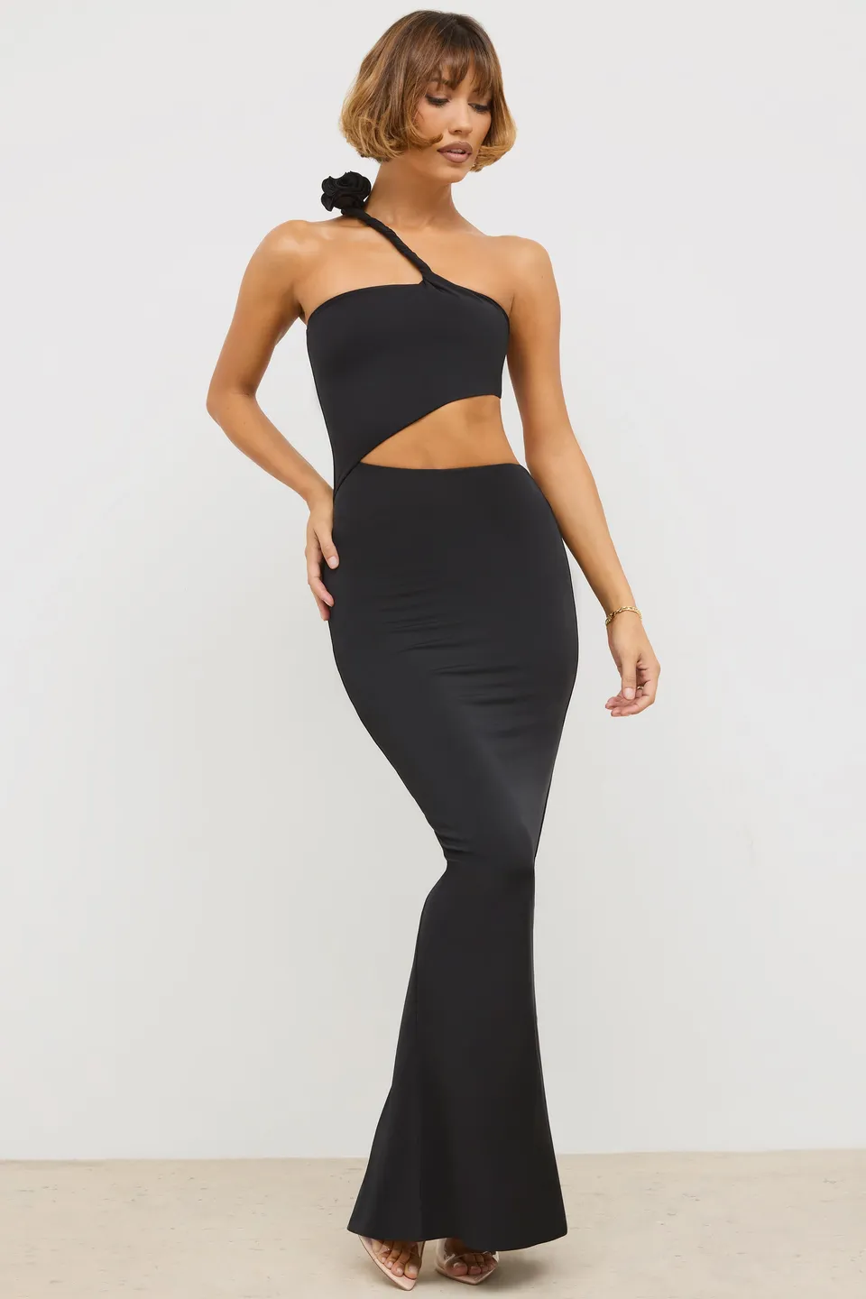 Oh Polly Kalina robe maxi noire jersey asymétrique fente