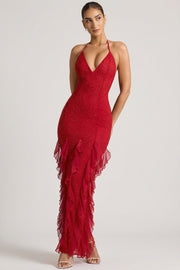 Oh Polly Embellished 8109 Robe Maxi Rouge Perles Col Licou