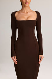 Oh Polly Lux robe longue marron col carré moulante