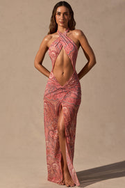 Oh Polly Caicos robe maxi licou paisley dos nu fendue
