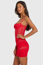 Oh Polly Dresses Evadne Mini Robe Dentelle Rouge Cerise