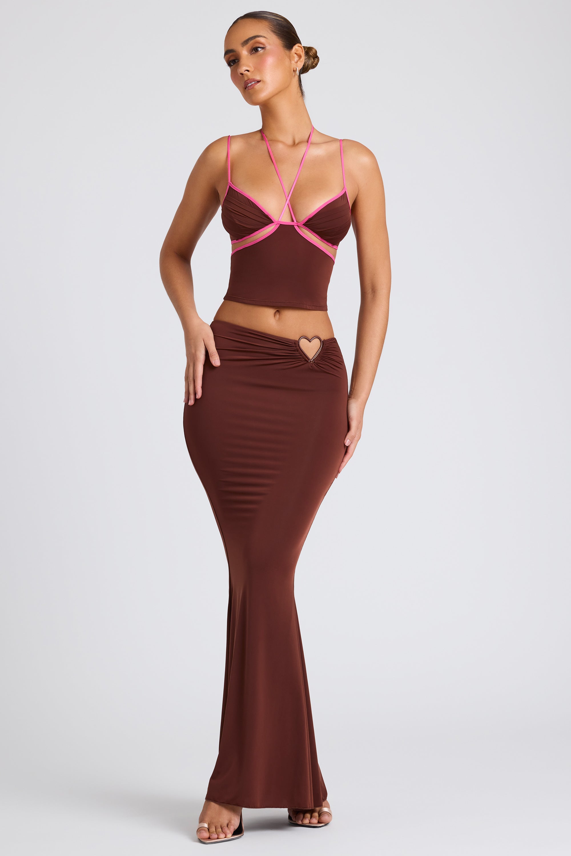 Oh Polly Skirts 8009 jupe maxi marron taille mi-haute jersey