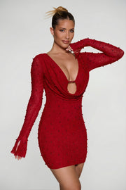 Oh Polly Nice robe mini strass rouge manches longues