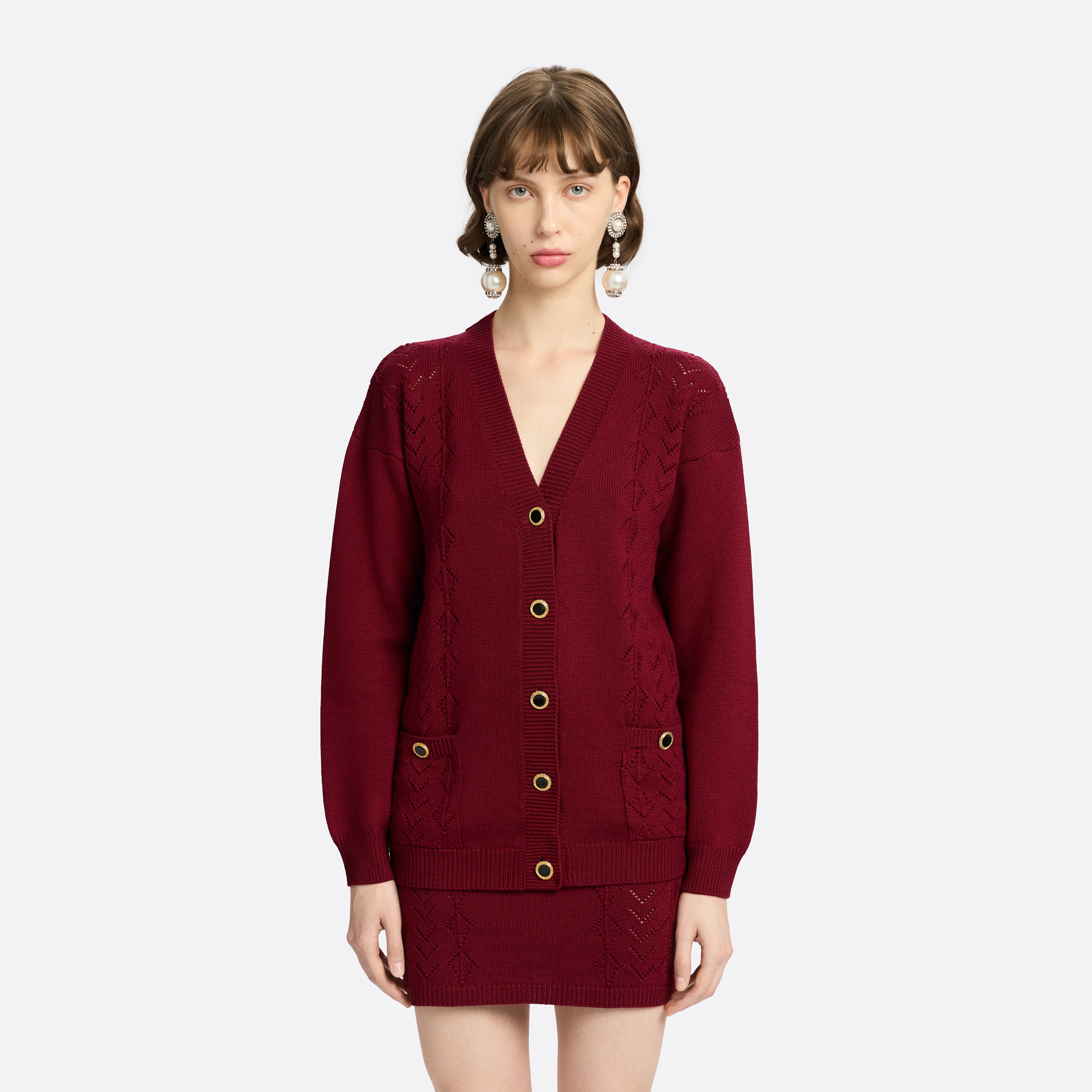 Alessandra Rich Merino Wool cardigan laine bordeaux taille 40