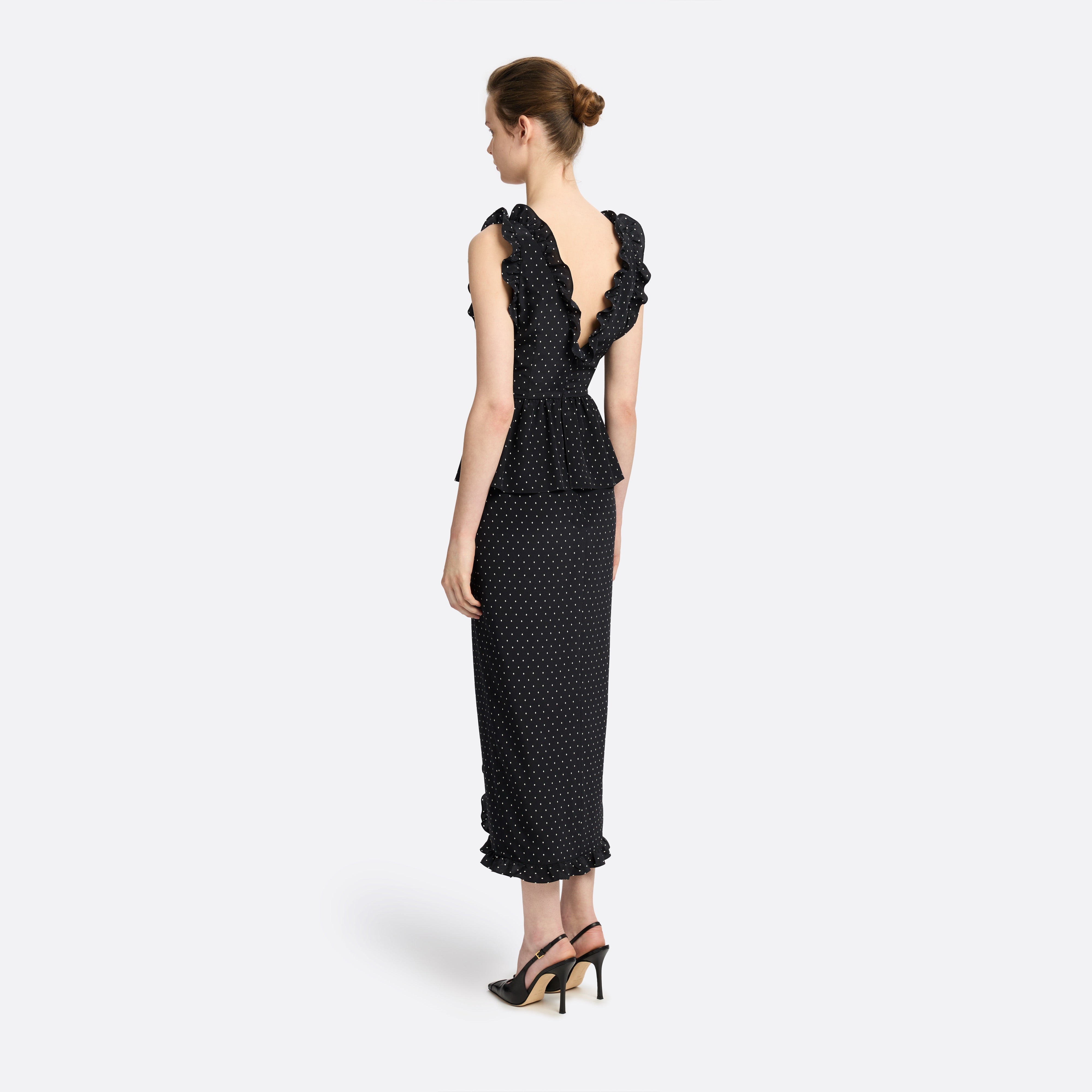 Alessandra Rich Silk Peplum Midi Dress robe noir ivoire 36-46