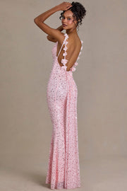 Oh Polly Embellished robe maxi rose bébé sequins traîne