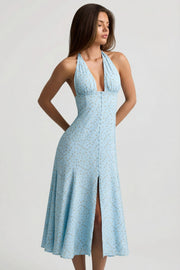 Oh Polly Elonia 14382 robe midaxi fleurie bleue dos nu