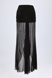 Oh Polly Bacalar Jupe Maxi Fishtail Noire Mesh Ruchée