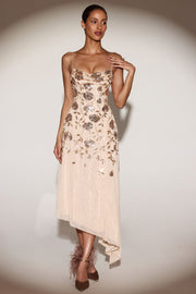 Oh Polly Zelina robe sequins Gold asymétrique midaxi bretelles