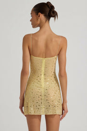 Oh Polly Averie Robe Jaune Strass Mini Col Carré