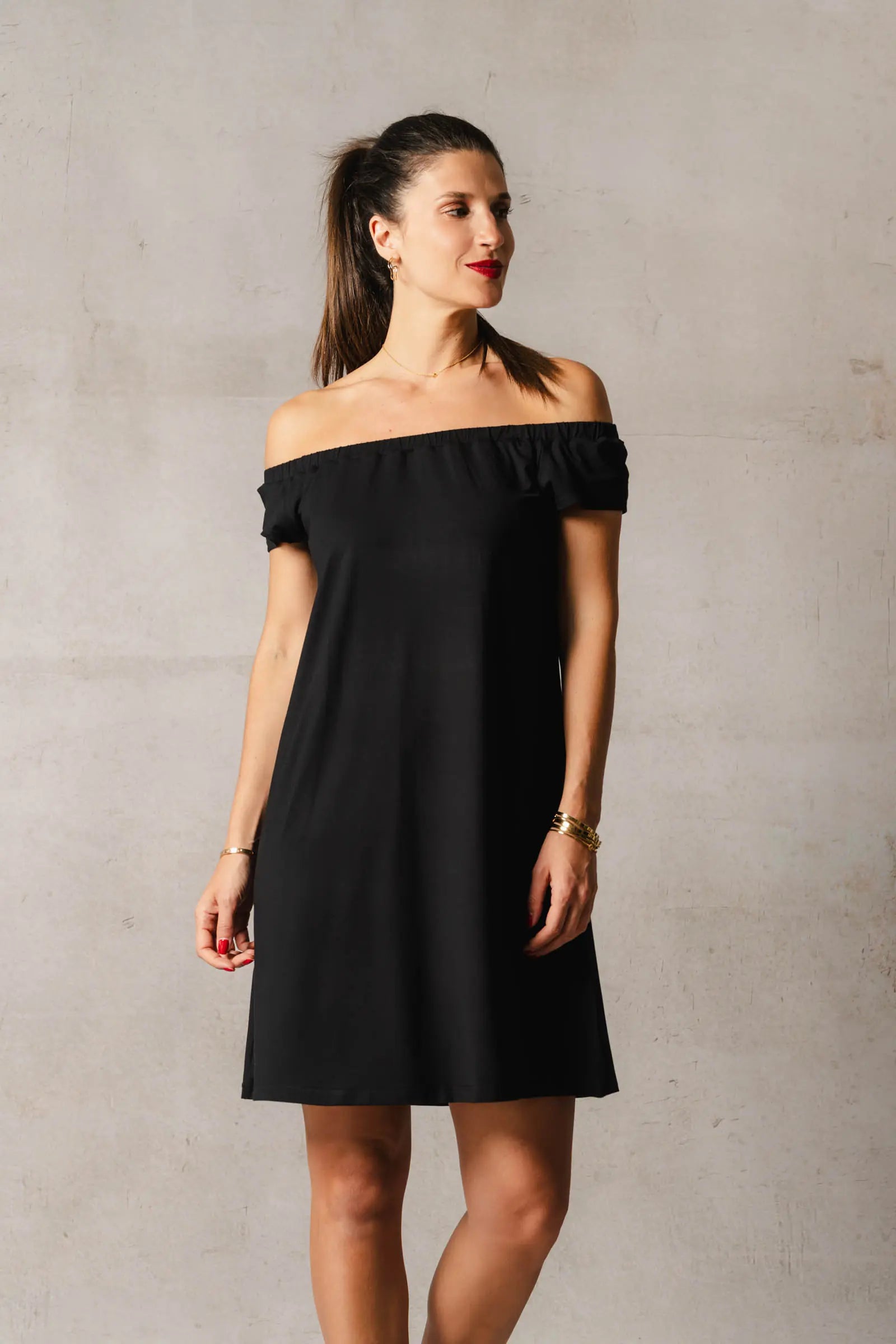 THELMA & ROSE Alba robe courte noire T1 col bardot