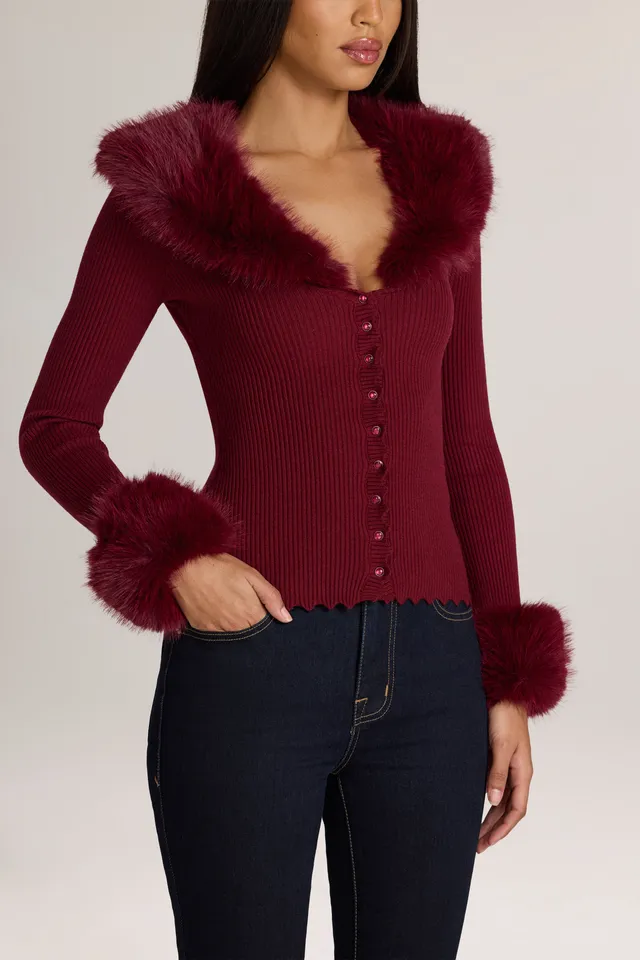 Oh Polly Lissie Cardigan Maille Bordeaux Col Fourrure