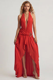 Oh Polly Oliana Halterneck Maxi Dress robe rouge chiffon