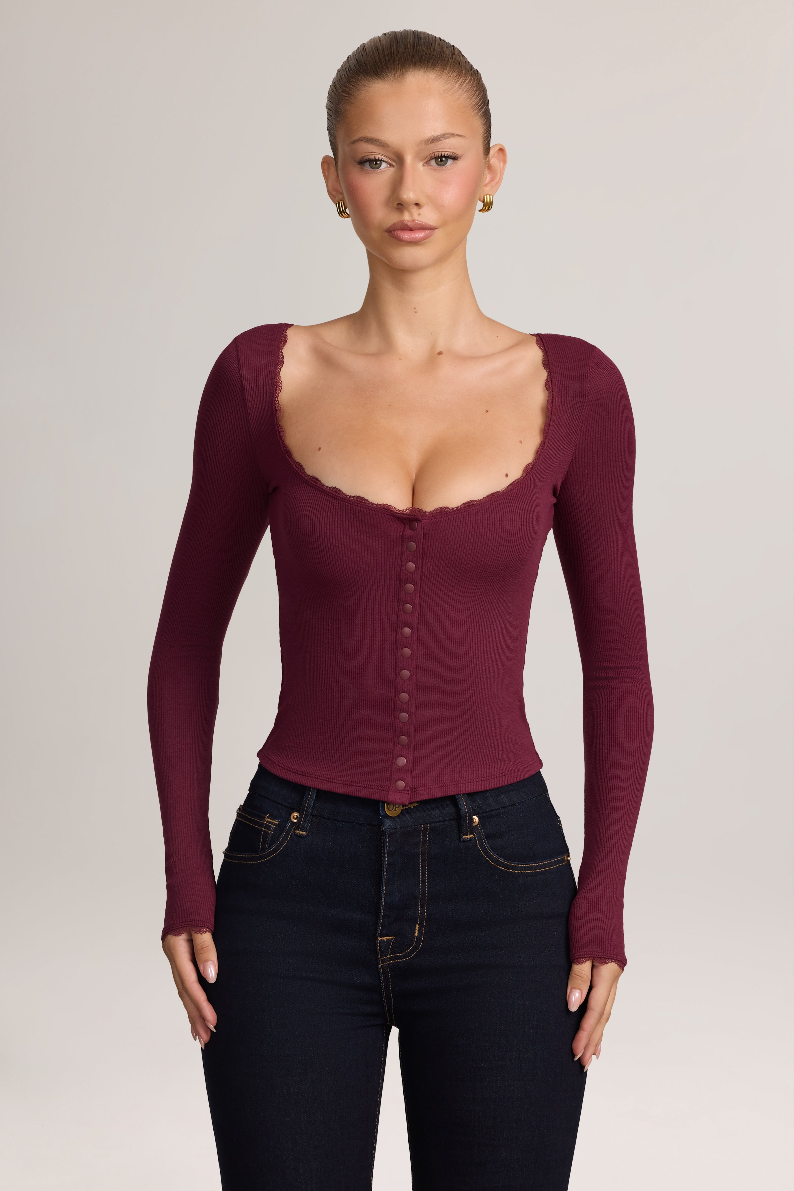 Oh Polly Nalah cardigan modal dentelle maroon red S