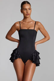 Oh Polly 14721 combishort corset satin noir volants laçage dos
