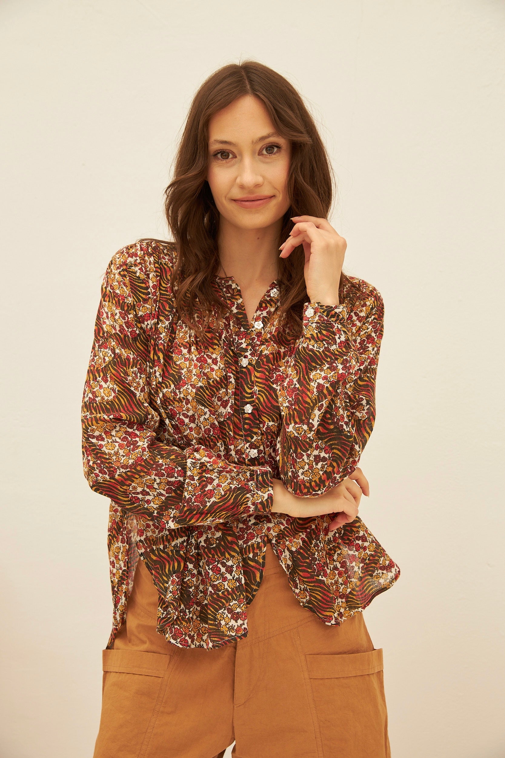 CHICOSOLEIL TOPS Chemise MIRANDA coton tiger and roses