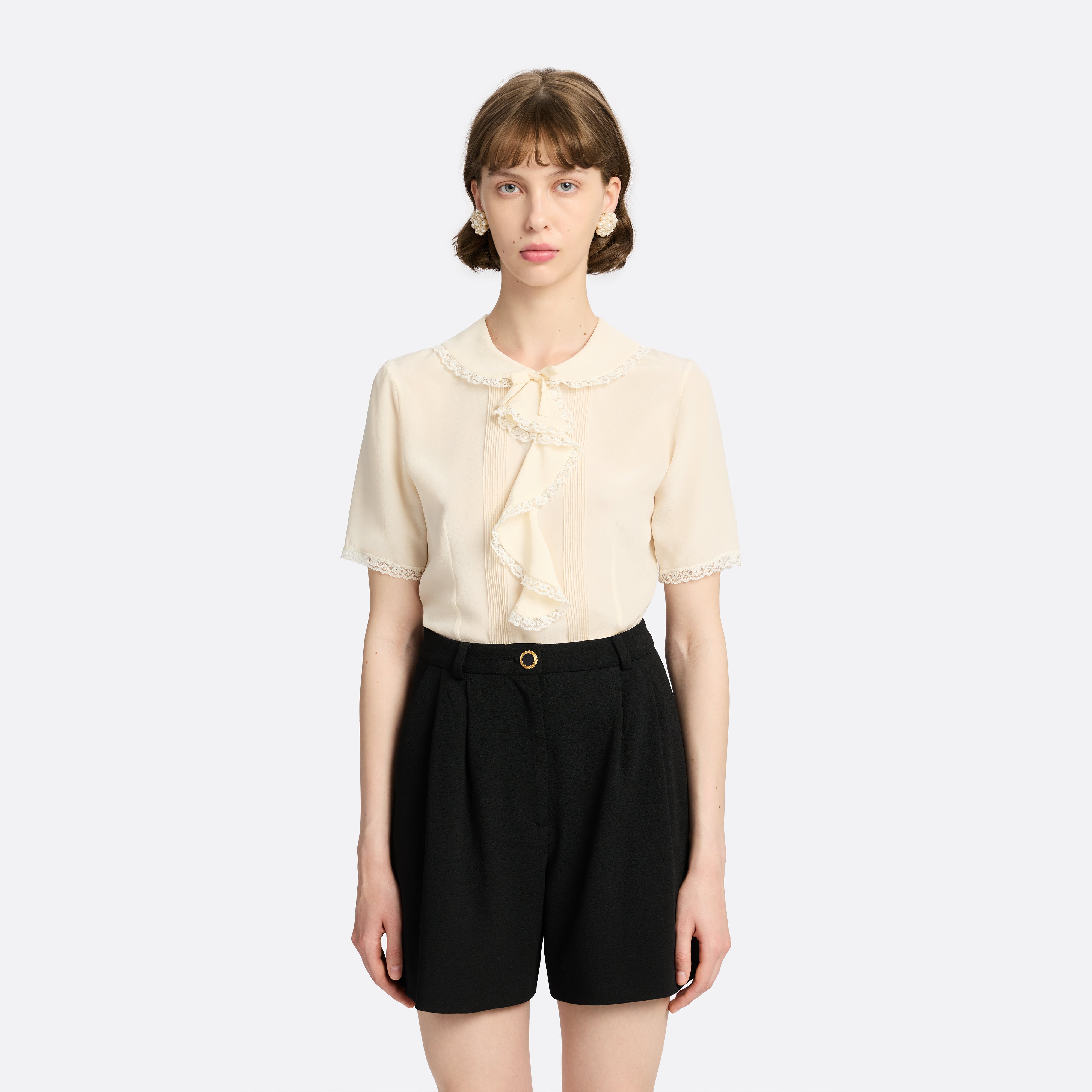 Alessandra Rich Blouse soie crème 36 jabot dentelle