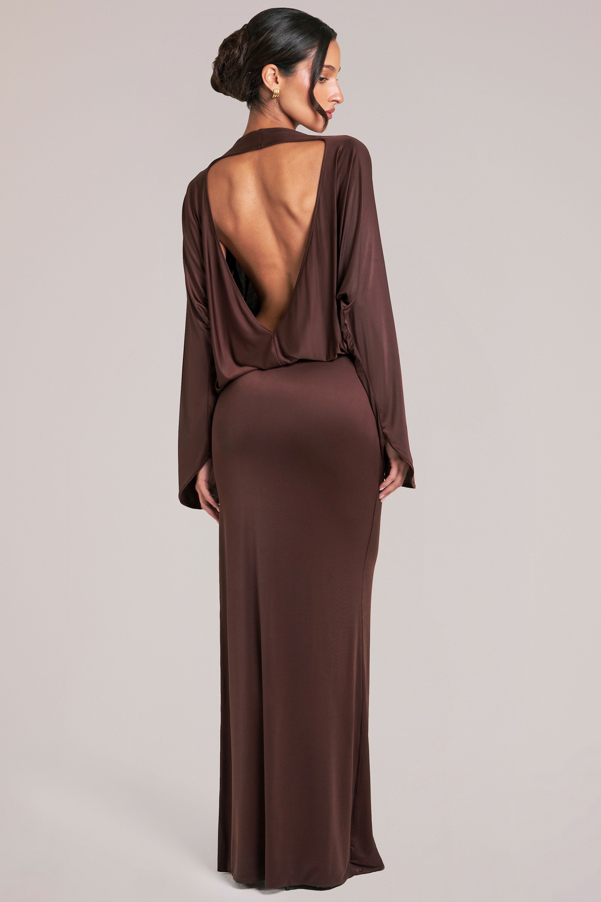 Oh Polly Dresses 15917 robe maxi marron chocolat drapée