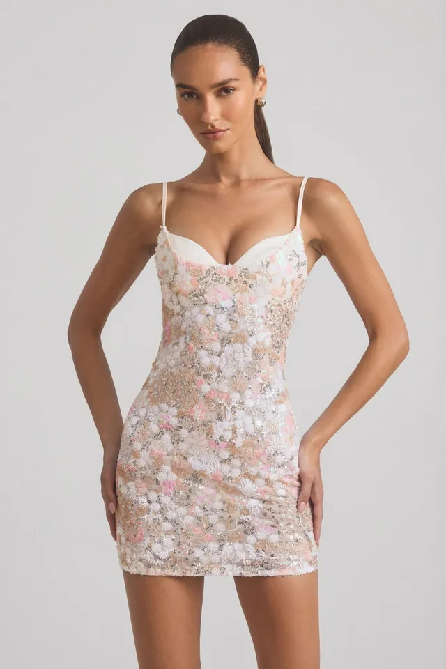 Oh Polly Velena Mini Robe Ivoire Perlée Bretelles Fines