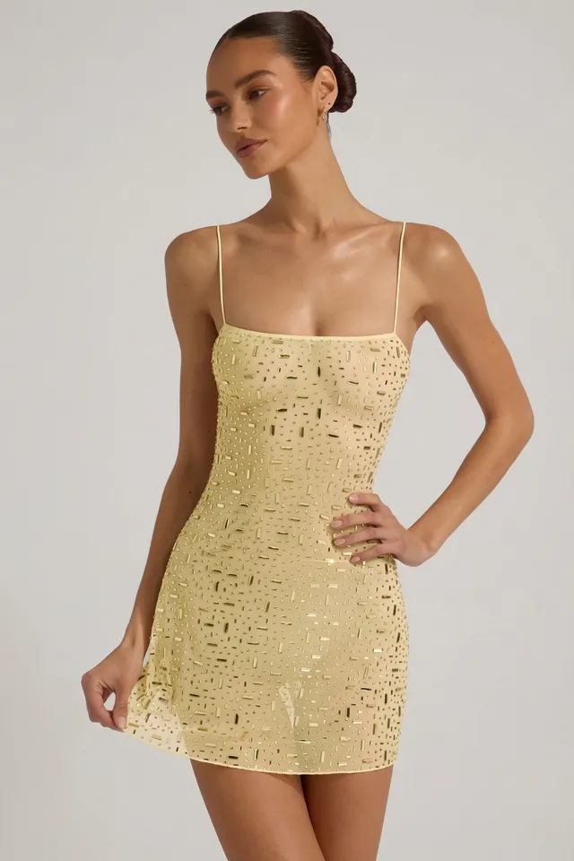 Oh Polly Averie Robe Jaune Strass Mini Col Carré