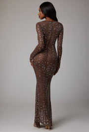 Oh Polly Embellished Isabeau 8307 robe longue cacao strass