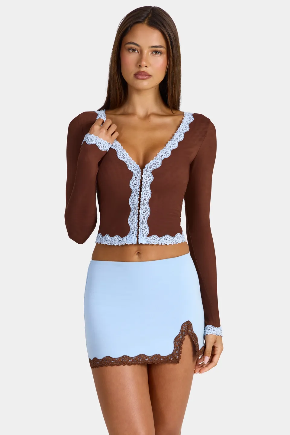 Oh Polly Laksila gilet court dentelle marron cocoa