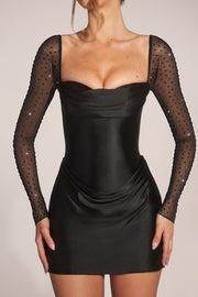 Oh Polly Embellished Draped Mini Robe noire satin manches longues