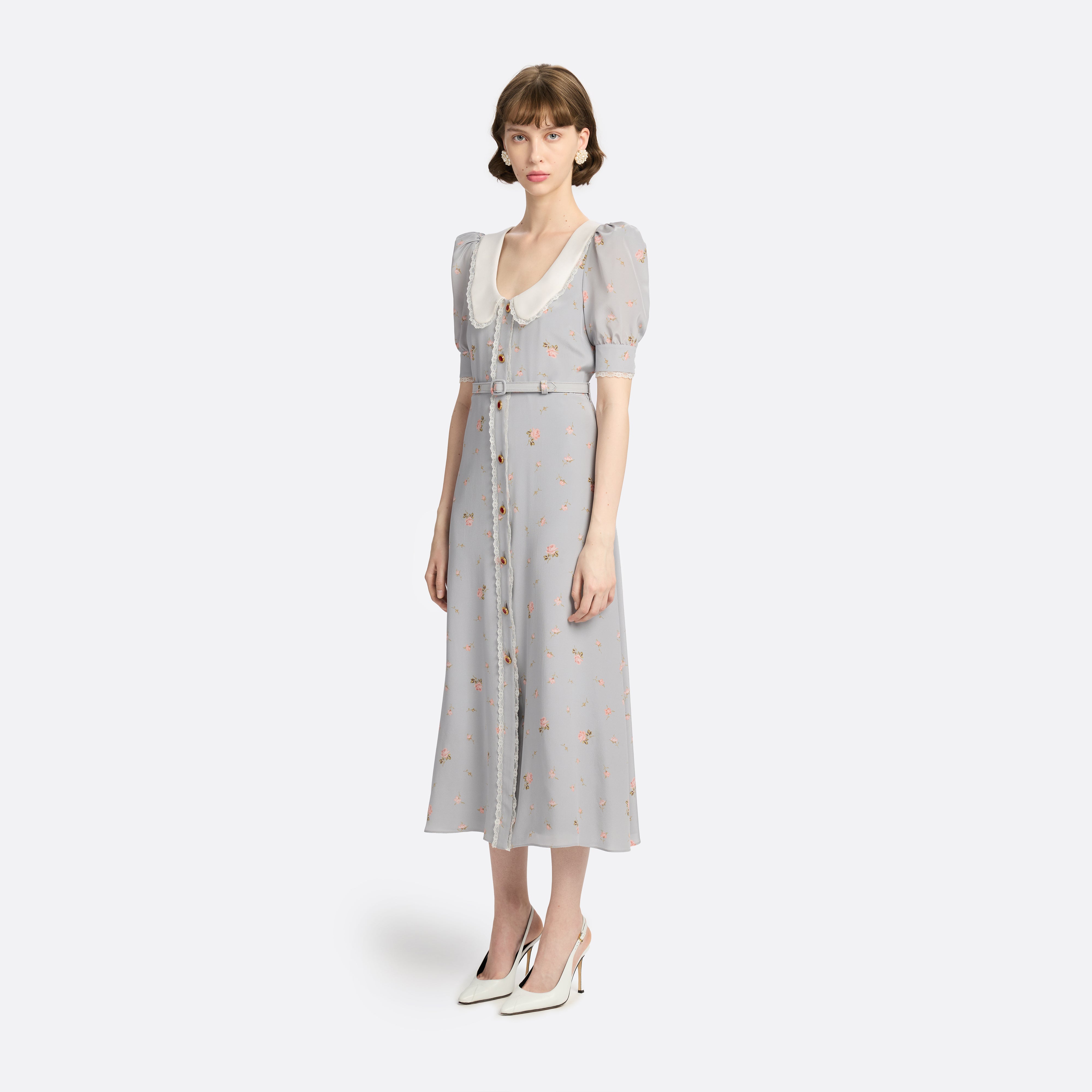 Alessandra Rich Floral Silk Midi robe soie gris rose taille 40