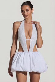 Oh Polly Cece Mini Robe Blanche Perles Dos Nu Bubble Hem