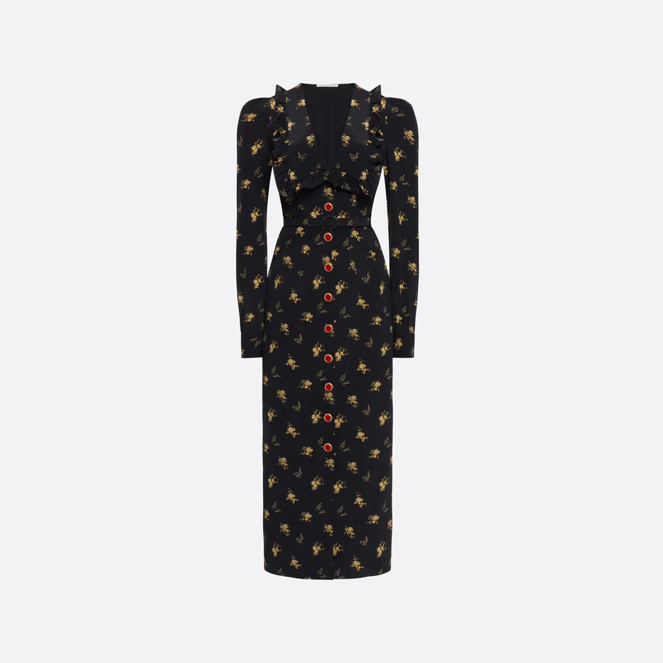 Alessandra Rich robe midi soie fleurs col V noir jaune