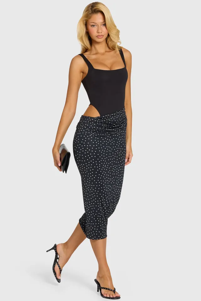 Oh Polly Oresta robe midi noire drapée jersey stretch