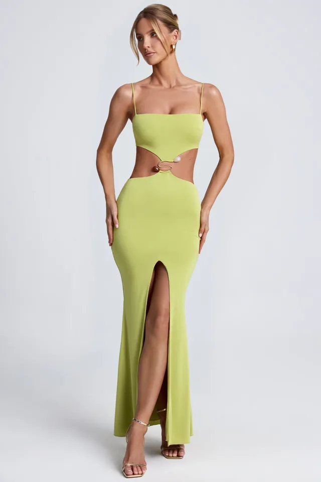Oh Polly Julitta robe maxi vert olive fente bijou