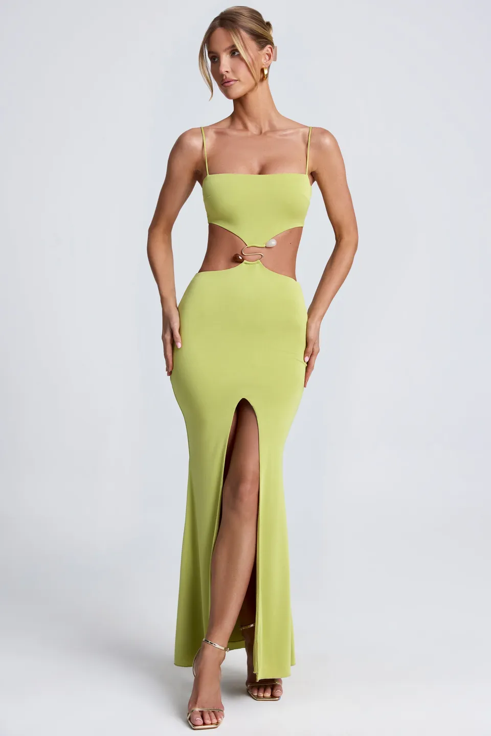 Oh Polly Julitta robe maxi vert olive fente bijou