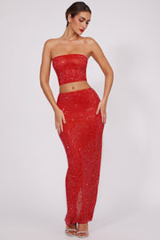 Oh Polly Embellished Jupe Maxi 7835 Rouge Feu Strass