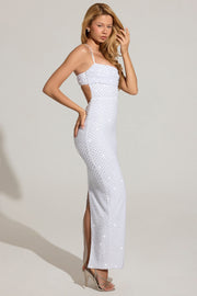 Oh Polly Constance robe maxi blanche perlée sequins