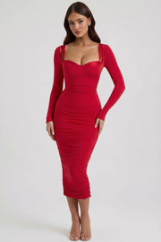Oh Polly Dresses Deliana robe midi rouge ruchée dentelle