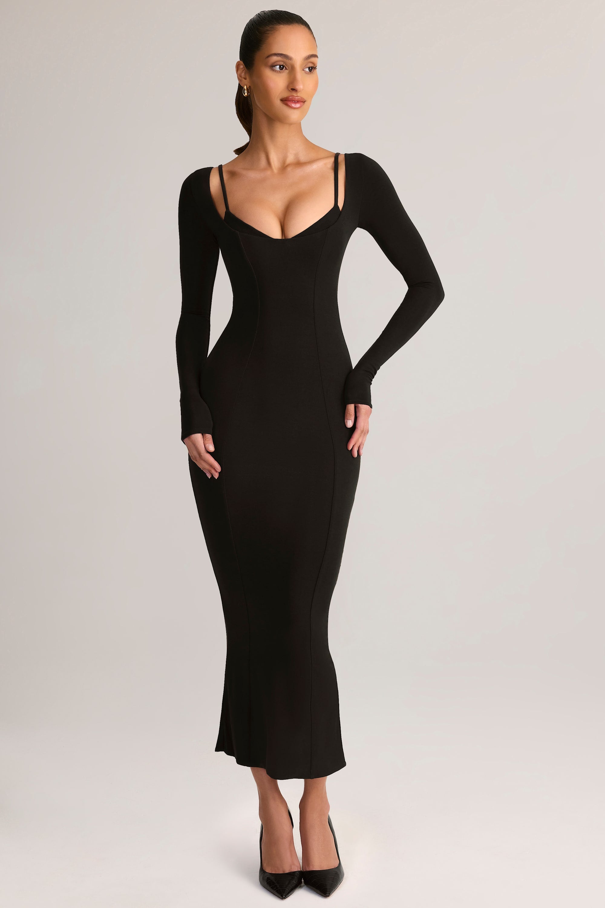 Oh Polly Dresses 15541 robe midi noire manches longues