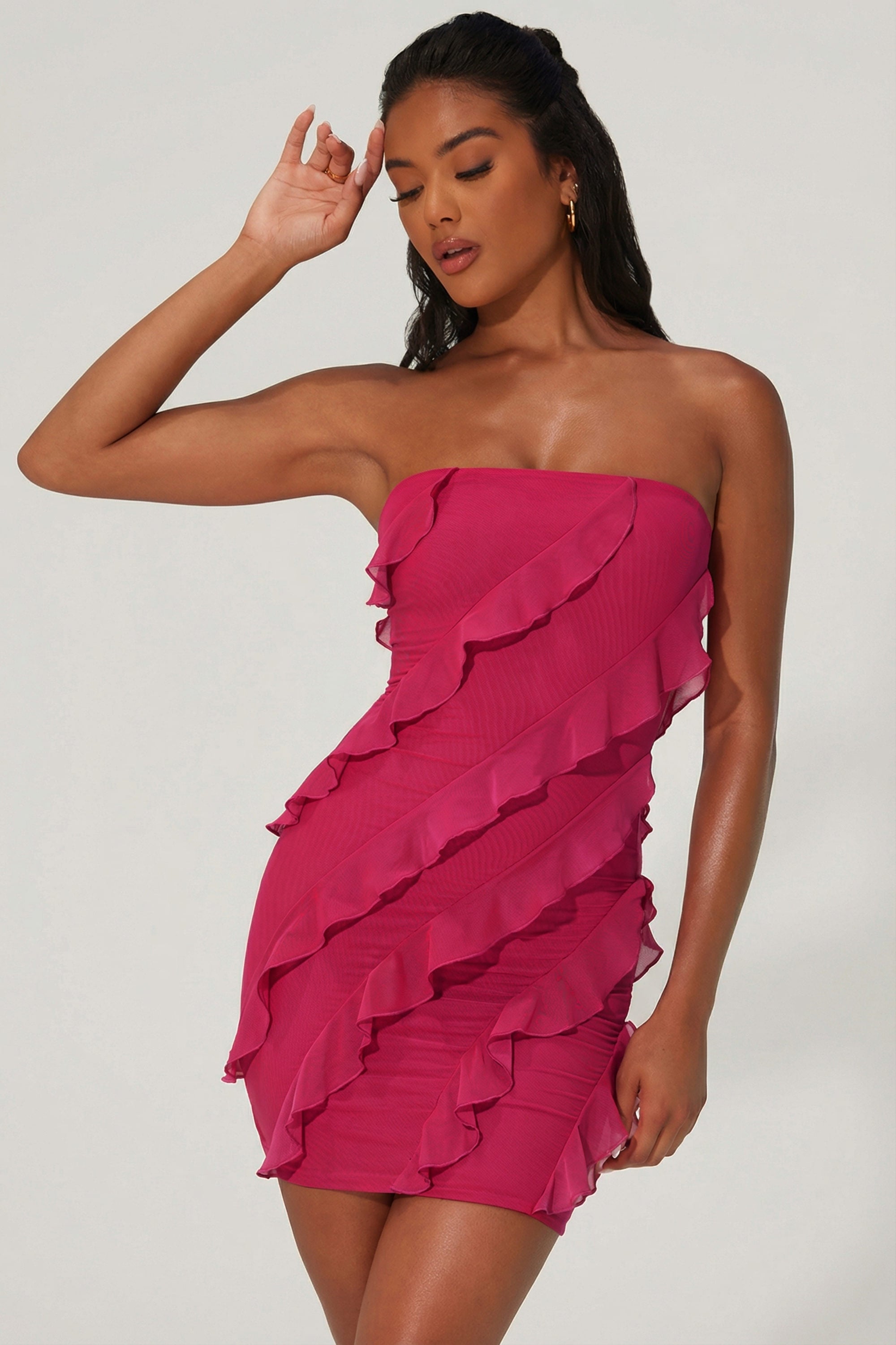 Oh Polly Tatiana robe mini bandeau framboise à volants