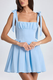 Oh Polly Draped Corset Mini Robe Bleu Ciel Satin Dos Lacé