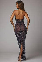 Oh Polly Soraya robe de soirée strass bleu marine col montant