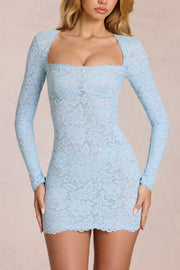 Oh Polly Darla 15400 mini robe dentelle bleu ciel manches longues