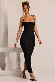 Oh Polly Monte Carlo robe maxi noire perlée col bénitier