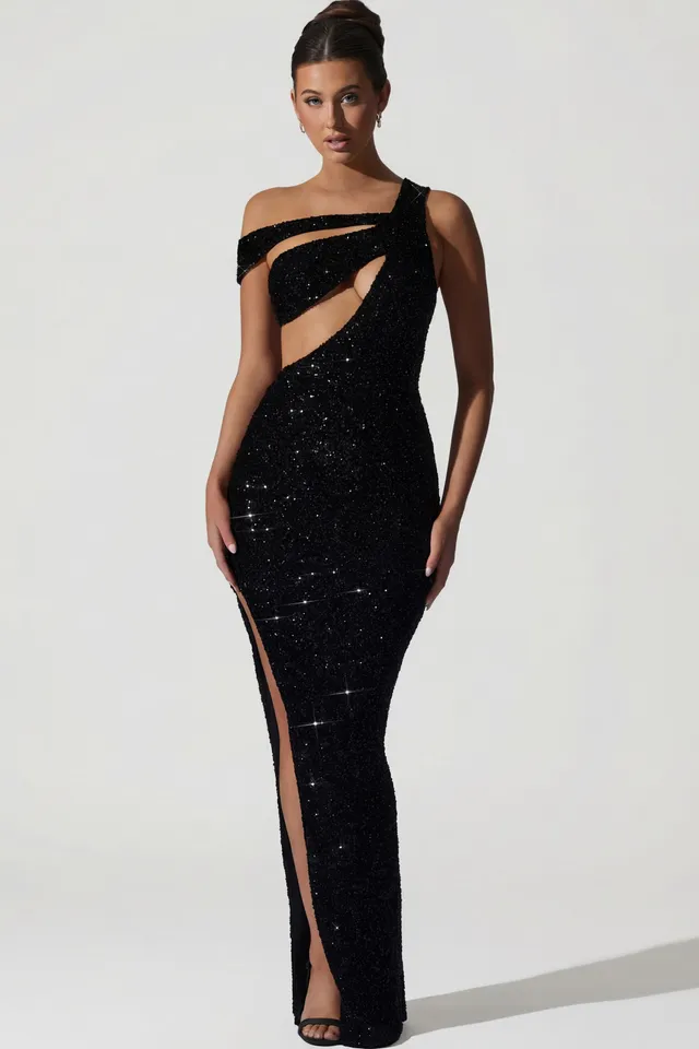 Oh Polly Embellished Persephone robe longue noire sequins fendue