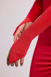 Oh Polly Desdemona Maxi Robe Rouge Capuche Fendue