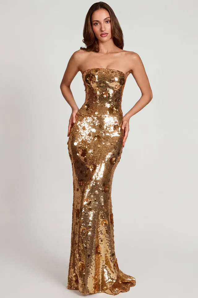 Oh Polly Nottola robe maxi bustier dorée sequins 3D