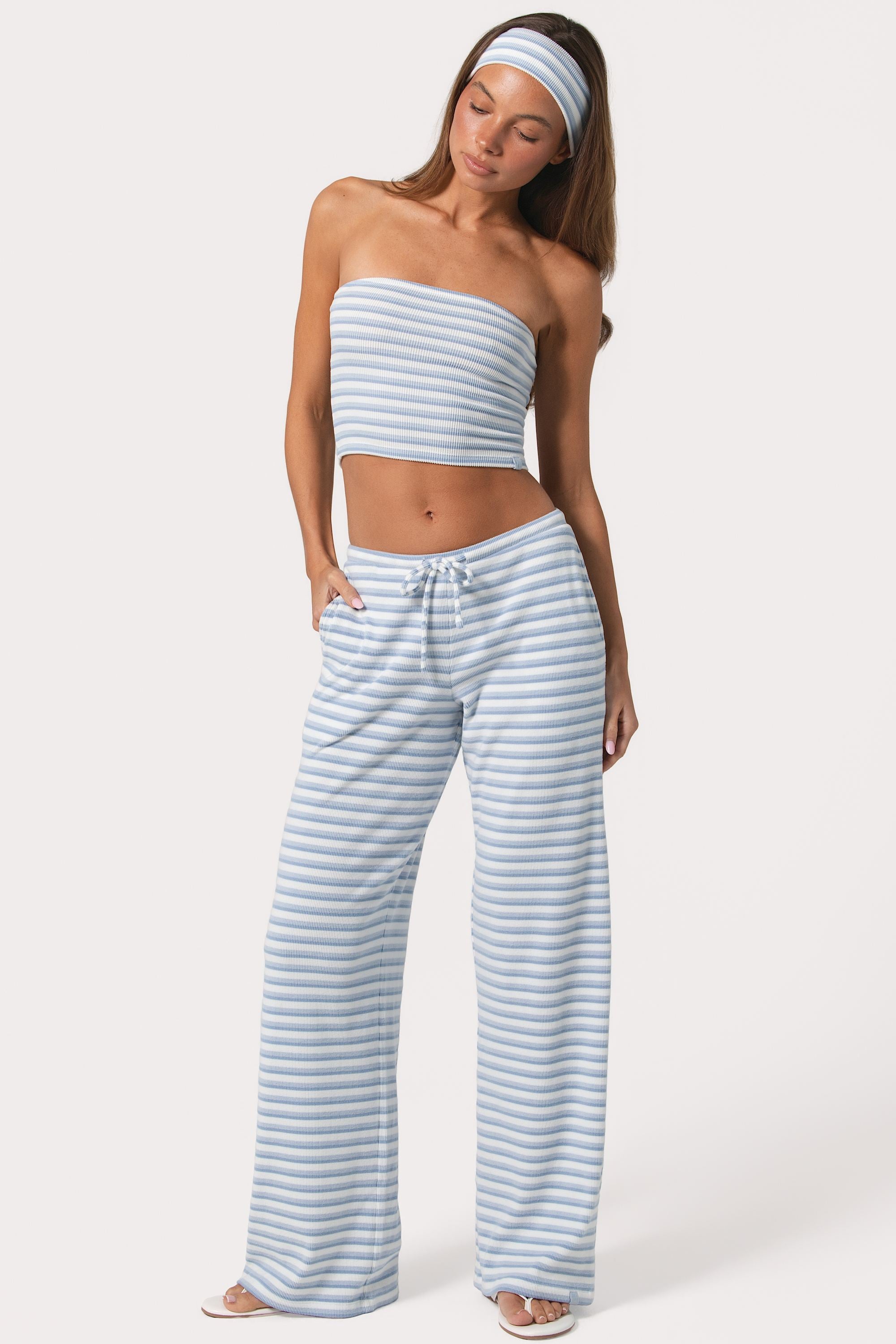 Oh Polly Pantalon Jersey Côtelé Bleu Rayé Taille Basse