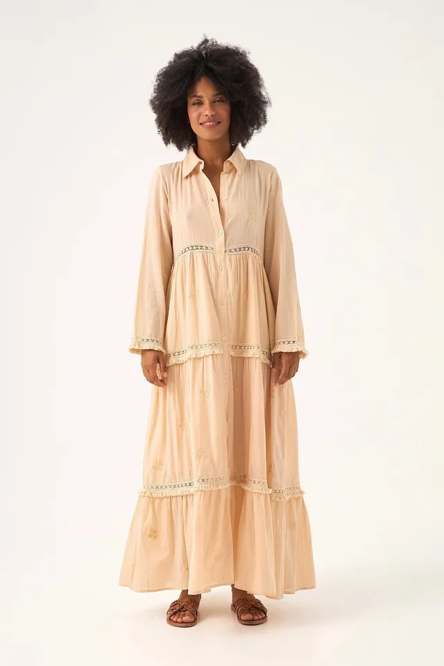 Chicosoleil Selena robe longue beige sève coton brodée
