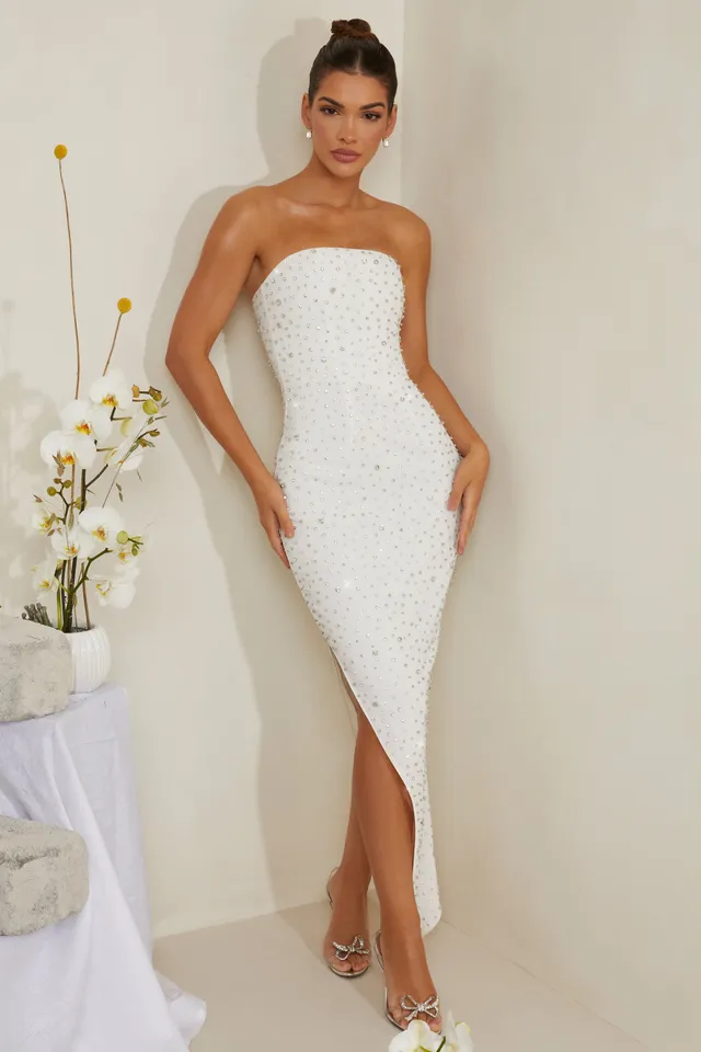 Oh Polly Vivica Robe Midi Asymétrique Blanche Strass