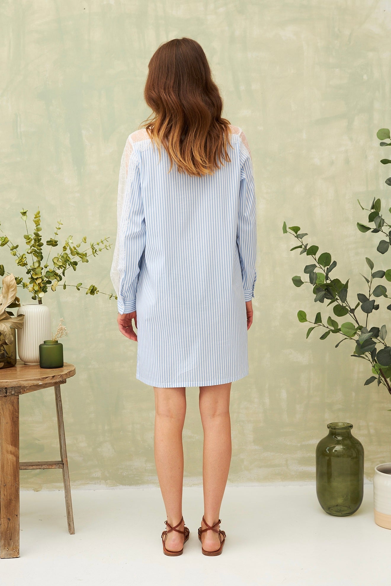 Chicosoleil Cerise robe courte bleu stripe dentelle coton