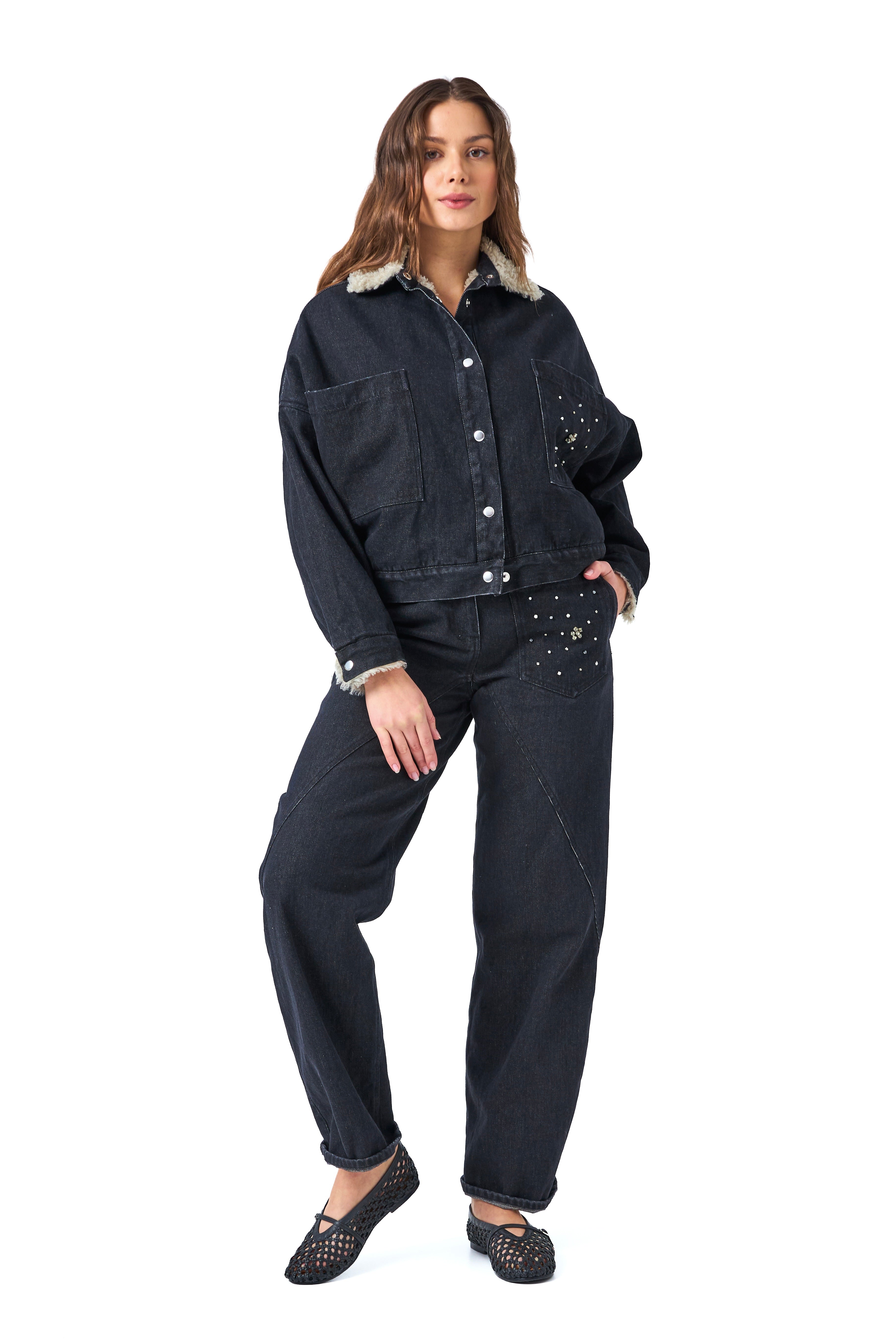 Chicosoleil Yuma veste aviateur noir denim fourrure